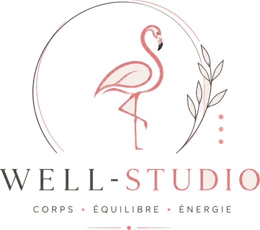 Logo Well-Studio : flamant rose, corps, équilibre, énergie