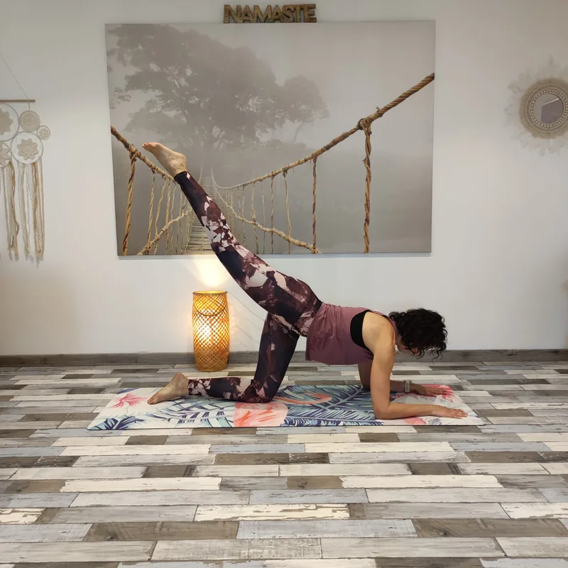 Exercice de Pilates au studio de La Garde : gainage en quadrupédie, jambe tendue